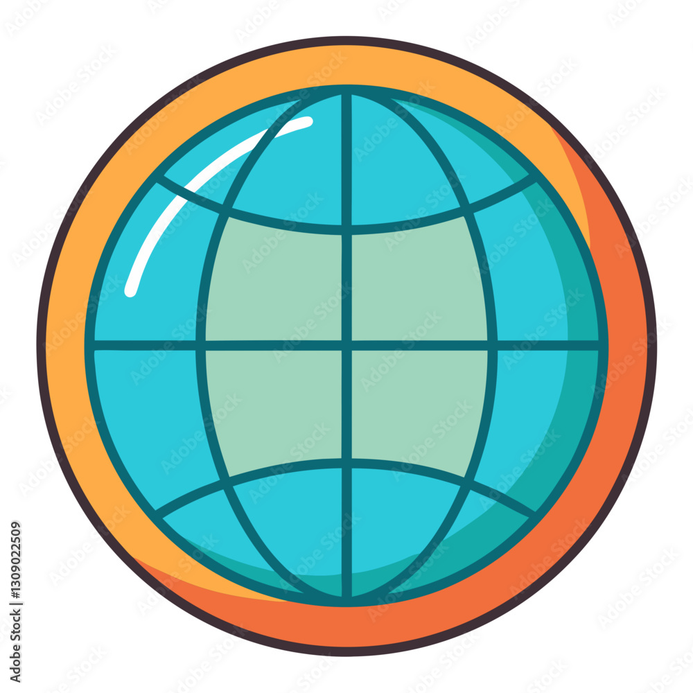 Globe with orange border vector illustration, A vector illustration of a globe with a teal surface and an orange circular border, symbolizing global representation.
Globe with orange border vector illustration, A vector illustration of a globe with a teal surface and an orange circular border, symbolizing global representation.