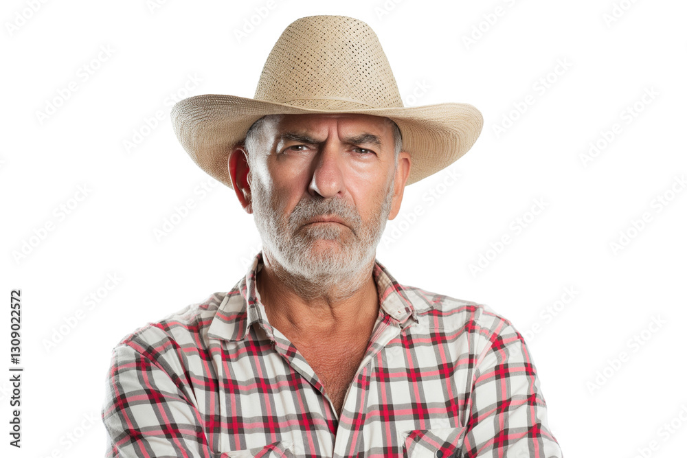 Grumpy middle-aged Paraguayan male yerba mate farmer isolated on transparent white background Grumpy middle-aged Paraguayan male yerba mate farmer isolated on transparent white background
