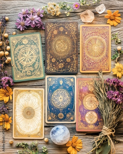 Colorful tarot cards surrounded by herbs and flowers.