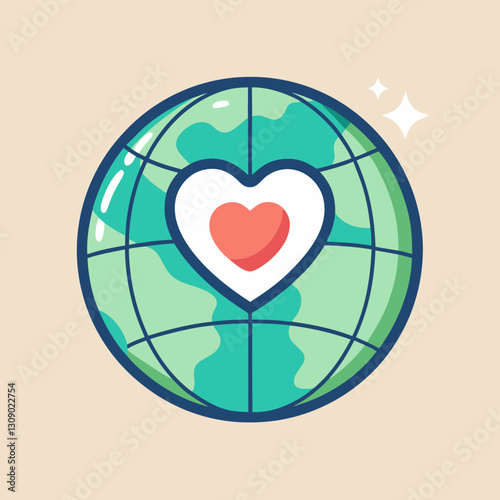 Earth with heart symbol vector illustration, A vector illustration of the Earth with a heart symbol in the center, representing love and care for the planet.
