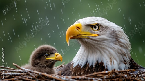 A bald eagle with her eaglet in the nest It is raining outside, and they both look very content National Geographic photography