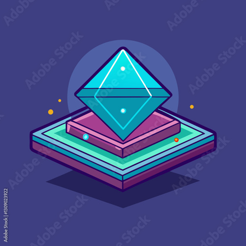 3D floating diamond pyramid vector with glowing elements, A vector illustration of a 3D floating diamond pyramid with glowing elements and geometric shapes on a dark background.
