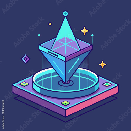 3D floating pyramid vector with geometric shapes and glow, A vector illustration of a 3D floating pyramid with geometric shapes, glowing elements, and a circular base on a dark background.
