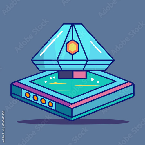 3D floating pyramid hologram vector with geometric shapes, A vector illustration of a 3D floating pyramid hologram with a glowing center and geometric shapes on a dark background.
