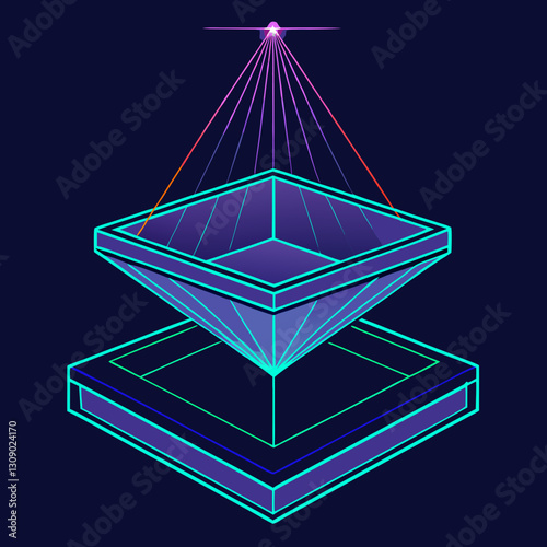 3D hologram projection vector with geometric shapes, A vector illustration of a 3D hologram projection with geometric shapes in neon colors against a dark background.
