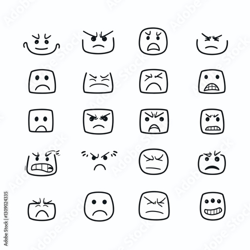 Hand-Drawn Emoticons, Expression, Moods, Feelings, Reaction Set on White Background