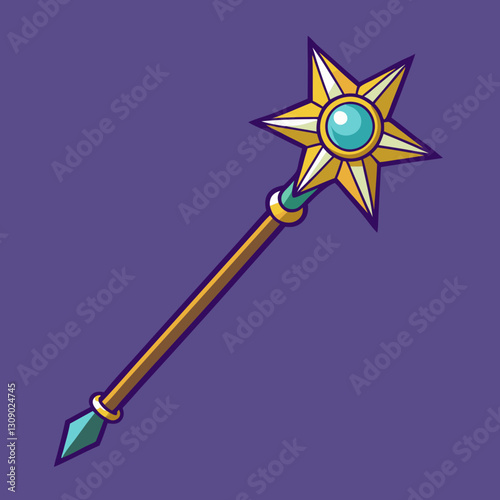 Fantasy magic wand vector with blue gemstone, A vector illustration of a fantasy magic wand with a star-shaped design and blue gemstone, symbolizing magic and mysticism.
