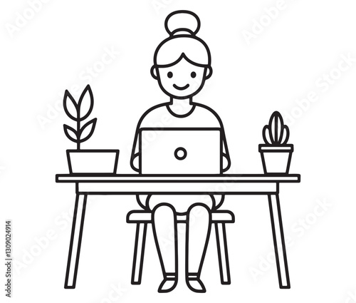 Freelancer at a stylish desk, remote work concept. Modern illustration of a woman working on a laptop