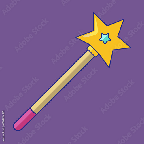 Yellow star magic wand vector with blue gem, A vector image of a yellow star magic wand with a blue gem and purple handle, symbolizing fantasy and magic.

