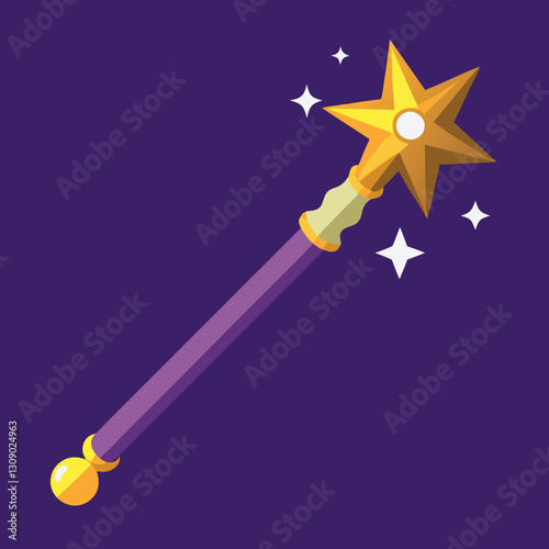 Magical wand vector with golden star and sparkles, A magical wand vector featuring a golden star at the top, glowing with sparkles, symbolizing fantasy and magic.
