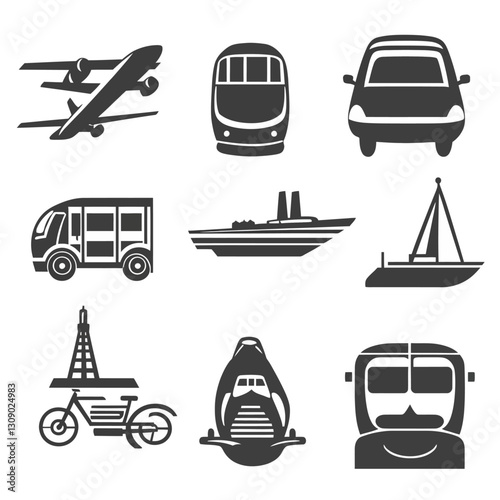Transportation Icons: Airplane, Train, Car, Bus, Ship, Bike, Sailing, and Travel.