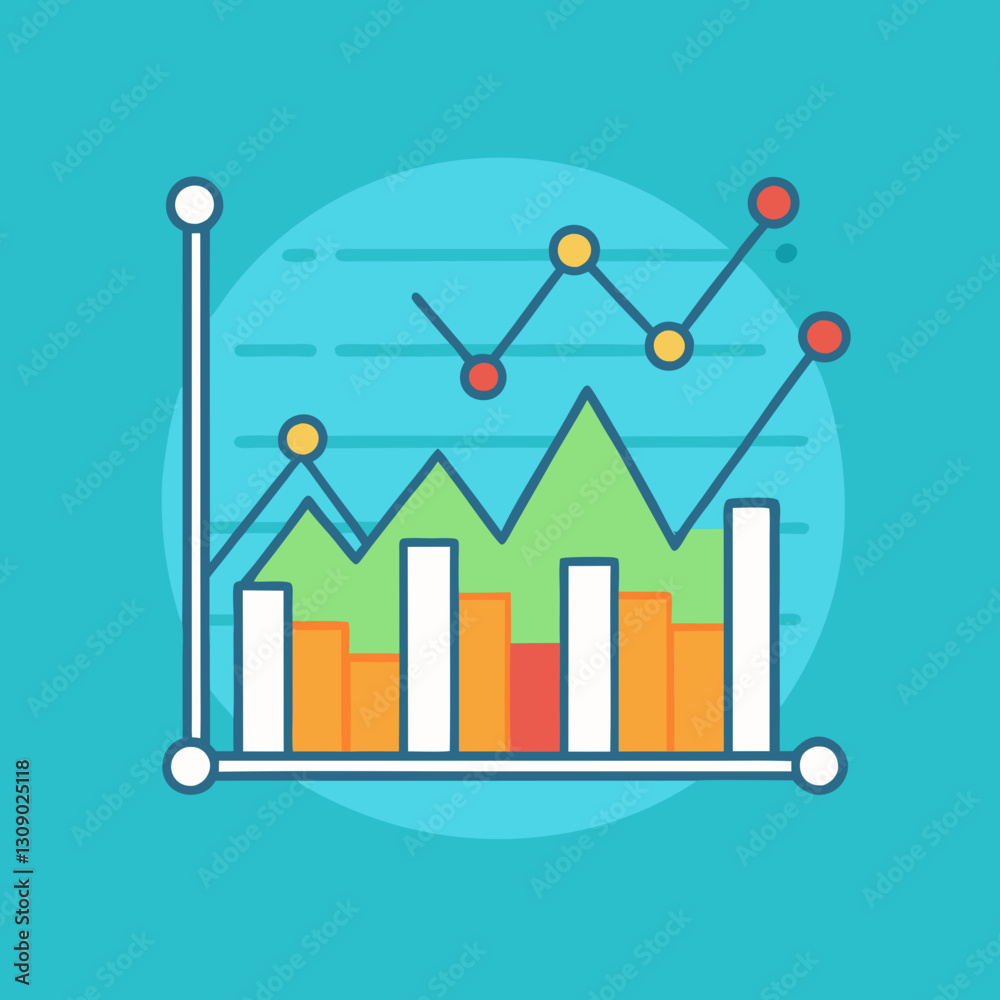 Fototapeta premium Bar chart with trendline and growth graph vector, A vector illustration of a bar chart with a trendline and growth graph, set against a turquoise background. 