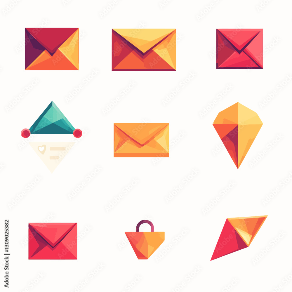 Abstract Geometric Icons: Envelopes, Gems, and Shopping Bag on White Abstract Geometric Icons: Envelopes, Gems, and Shopping Bag on White
