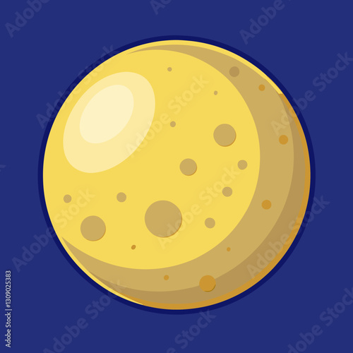 Yellow moon vector with craters and shine, A vector illustration of a yellow moon with visible craters and a shiny surface, set against a dark blue background.
