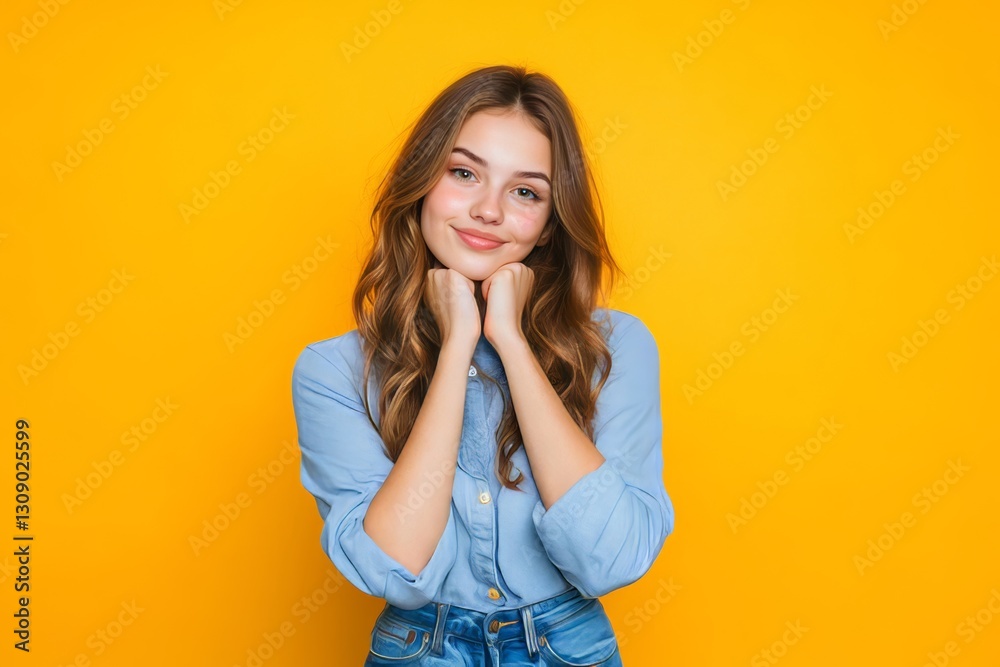Young woman in casual attire smiling thoughtfully against a bright yellow background Young woman in casual attire smiling thoughtfully against a bright yellow background
