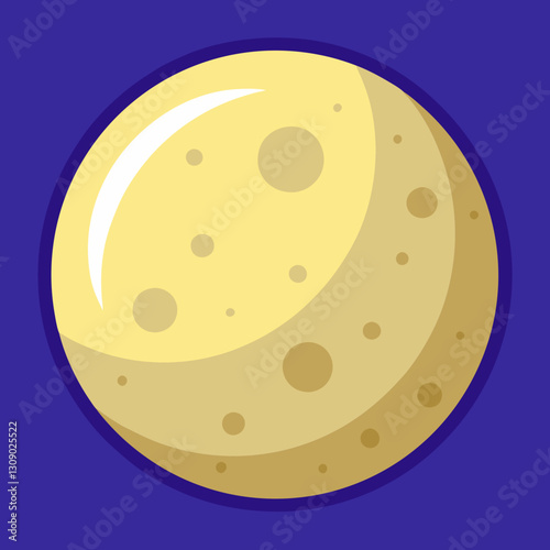 Yellow moon vector with craters and shine, A vector illustration of the moon with craters and a shiny surface, set against a deep purple background.
