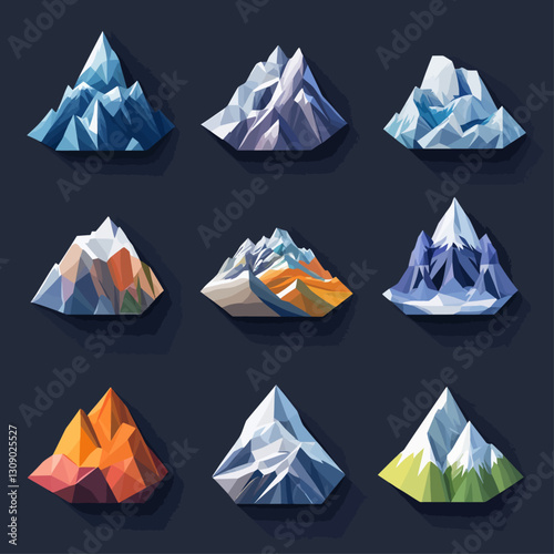 Vector Mountain Set with Abstract Geometric Shapes on Dark Background