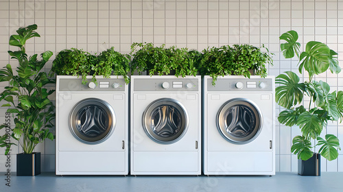 Three White Washing Machines Under Lush Green Plants in Modern Laundry Room