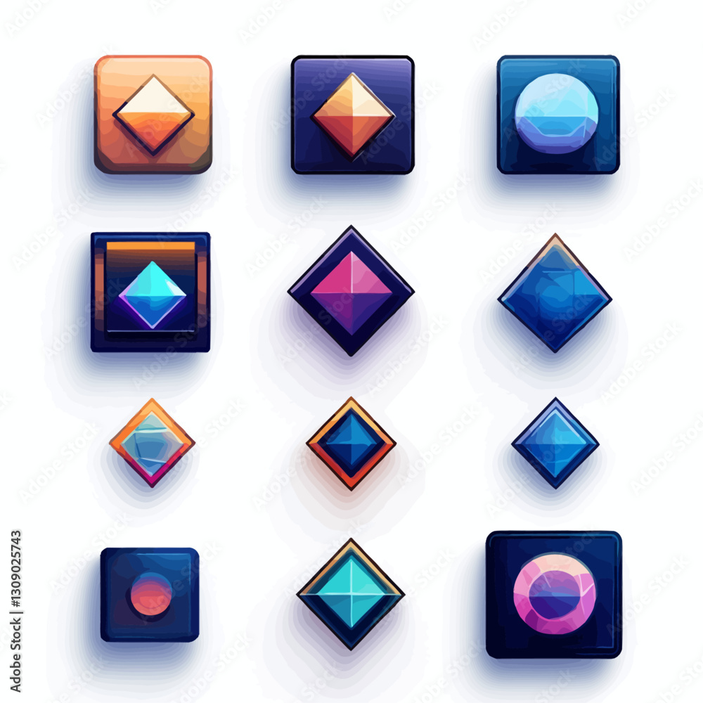 Abstract Icon Set with Gem and Glassy Square Button Designs