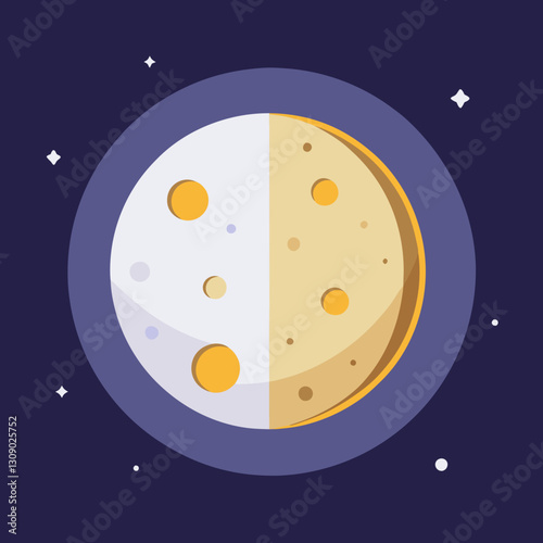 Moon vector with half and craters design, A vector illustration of the moon with a half and craters design, set against a dark purple background with stars.
