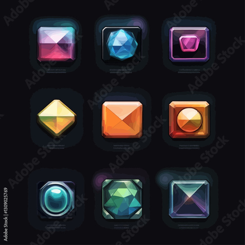 Colorful geometric gemstones in glowing frames on a dark background.