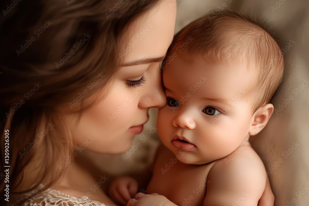 Tender Moment of Mother Embracing Baby Close Up with Soft Natural Light and Warm Background Tender Moment of Mother Embracing Baby Close Up with Soft Natural Light and Warm Background