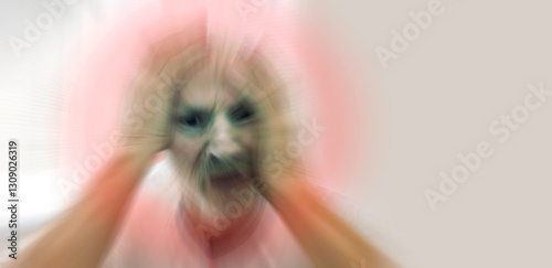 Mentally sick senior is having seizure of the anxiety. Blurry mental health concept.