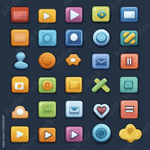 Glossy Cartoon Icons Set on Dark Blue Background, Digital UI Elements