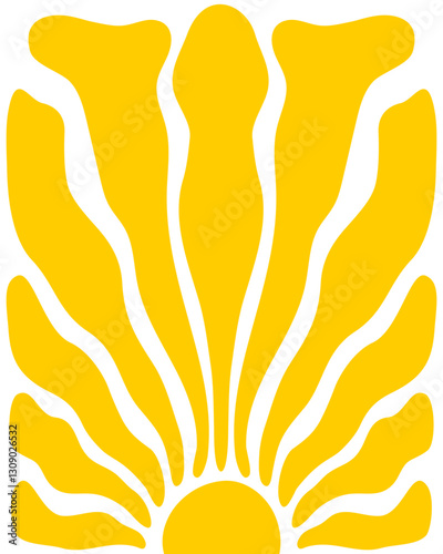 Wavy yellow rays. Sunburst, sunrise or sunset vertical poster. Groovy happy hippie sun background. Summer theme wallpaper. Modern psychedelic print. Positive vibes design. Vector flat illustration.
