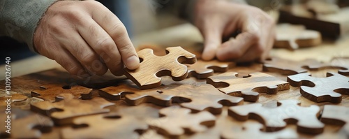 Two people fitting a wooden puzzle piece together