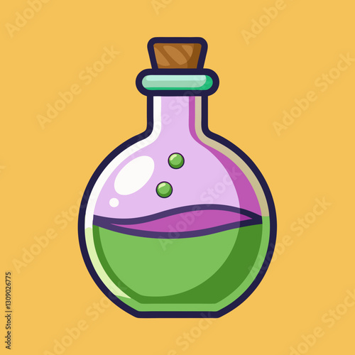 Vector Laboratory Flask with Purple and Green Liquid, Vector illustration of a laboratory flask containing purple and green liquids with bubbles, set against an orange background.
