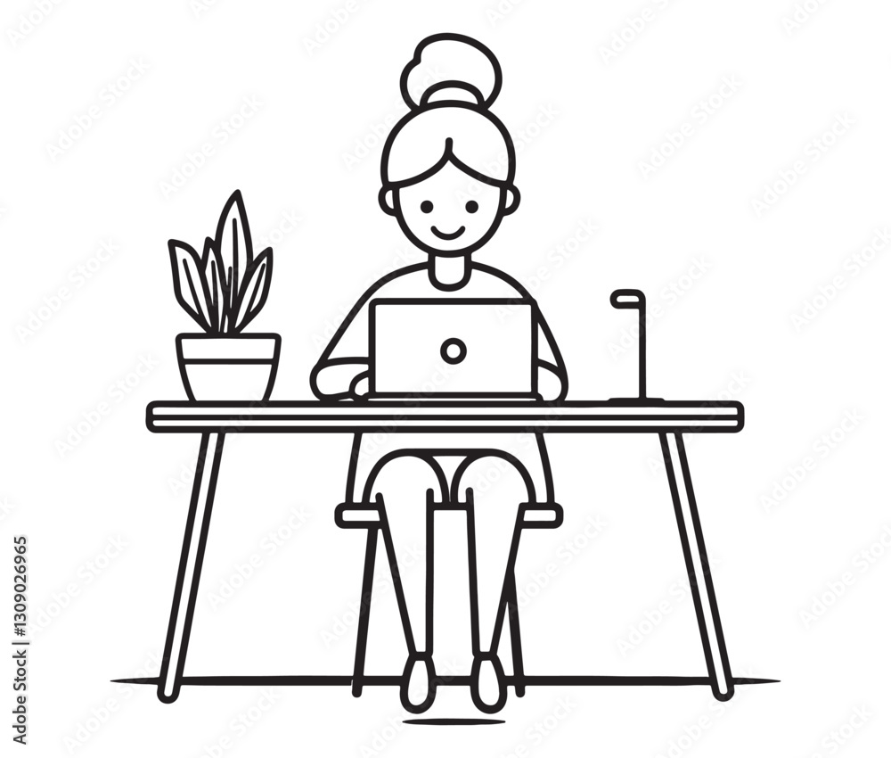Freelancer at a stylish desk, remote work concept. Modern illustration of a woman working on a laptop Freelancer at a stylish desk, remote work concept. Modern illustration of a woman working on a laptop