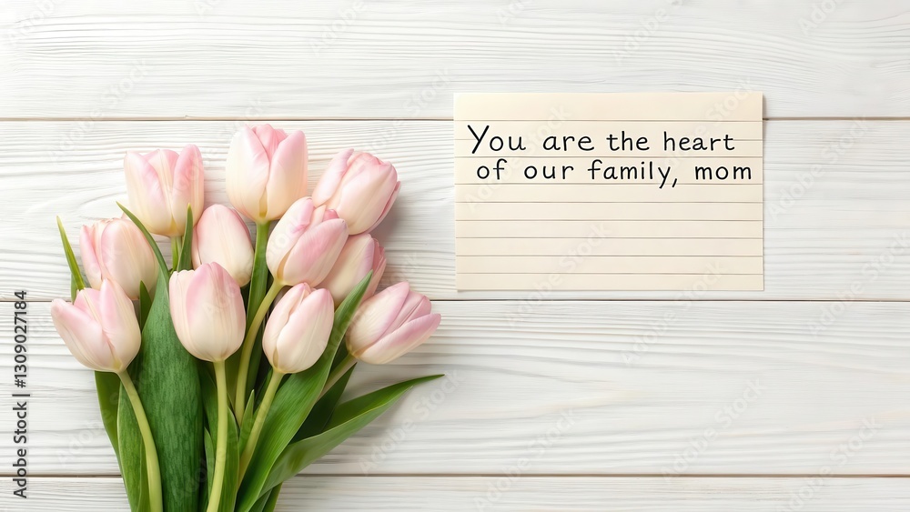 Fototapeta premium Elegant Mother's Day tulip bouquet with a handwritten love note and copy space for custom text