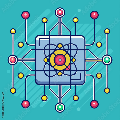 Quantum computing vector illustration with atomic design and circuits, A vibrant vector illustration of a quantum computer featuring an atomic structure at the center, connected to colorful circuits, 