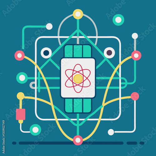 Quantum computer vector illustration with atomic design and circuits, A vibrant vector illustration of a quantum computer with an atomic symbol at the center, connected to colorful digital circuits, s