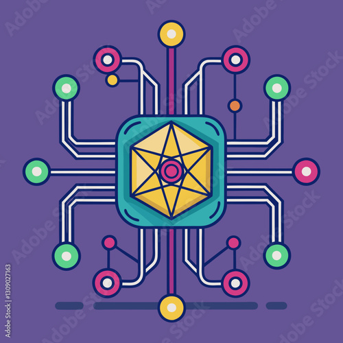 Quantum computing vector illustration with geometric and atomic design, A colorful vector illustration of a quantum computer with geometric patterns and atomic elements, connected to digital circuits,