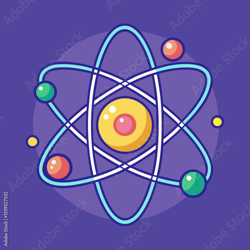 Atomic structure vector illustration with colorful orbits, A colorful vector illustration of an atomic structure with vibrant electrons orbiting around the nucleus, set against a purple background.
