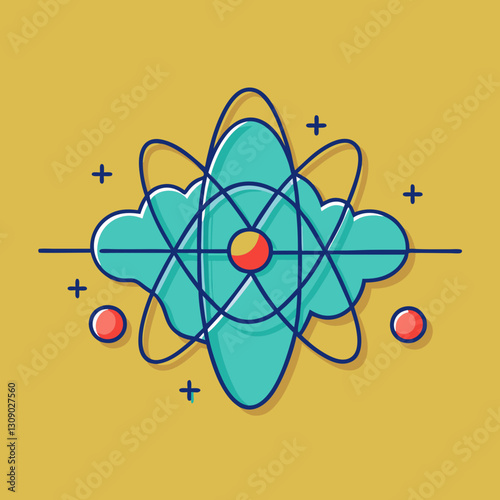Atomic structure vector illustration on yellow background, A vector illustration of an atomic structure with orbiting electrons, surrounded by abstract elements, on a yellow background.
