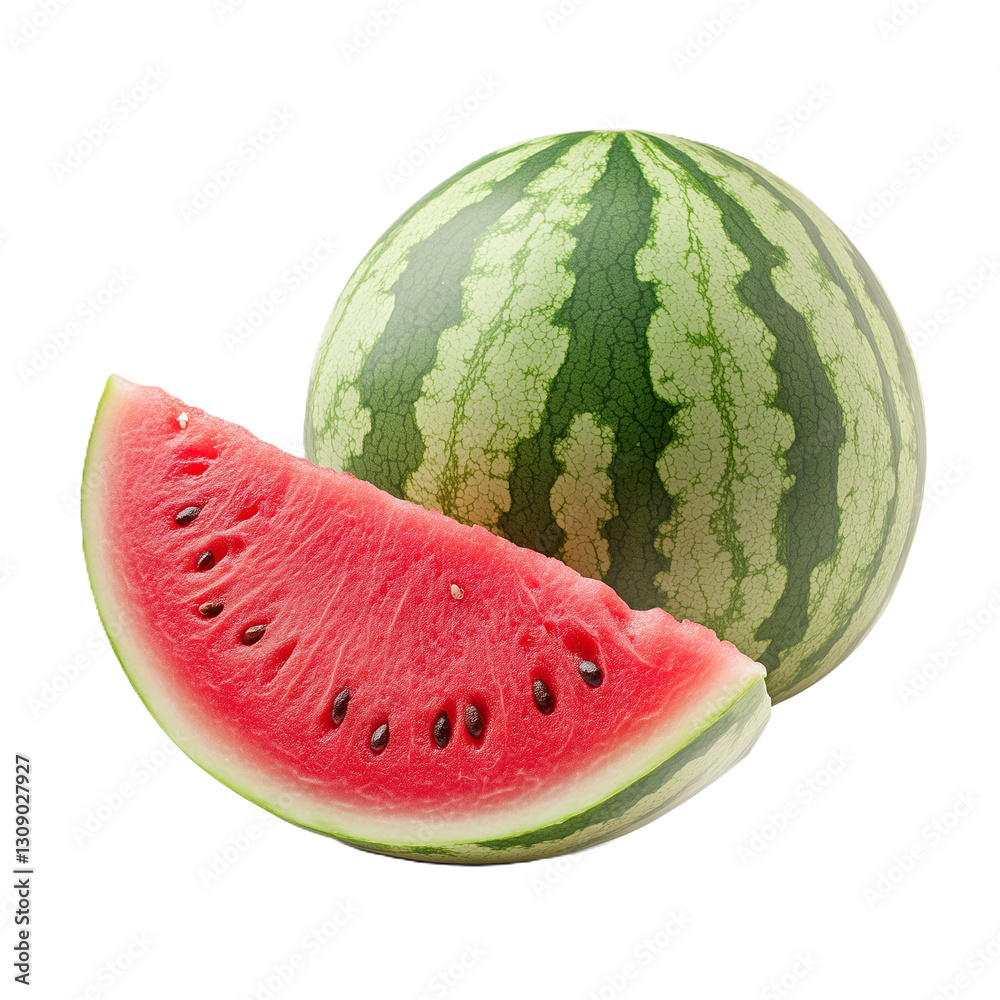 Fresh Watermelon with Juicy Slice on Transparent Background