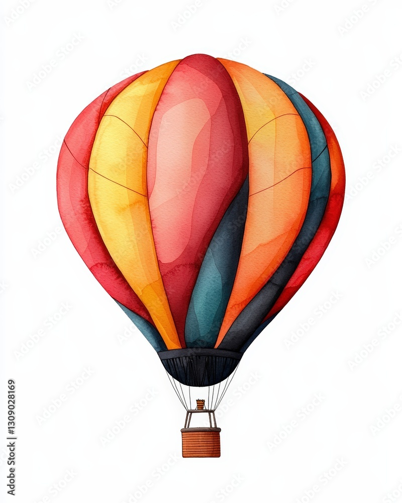Fototapeta premium A vibrant hot air balloon in hues of orange, red, and yellow, soaring through a clear sky, symbolizing adventure and freedom.