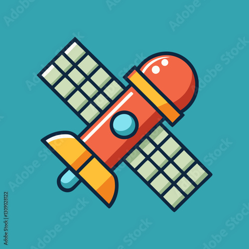 Communication satellite vector illustration with solar panels, A vector illustration of a communication satellite with solar panels and antennas, set against a teal background.
