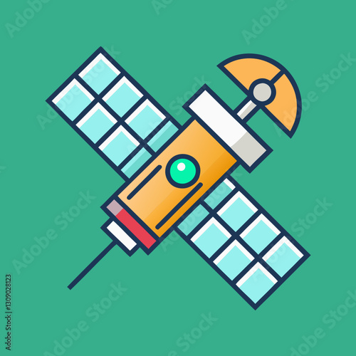Vector illustration of a communication satellite with solar panels, A vector illustration of a communication satellite featuring solar panels and antennas, set against a green background.
