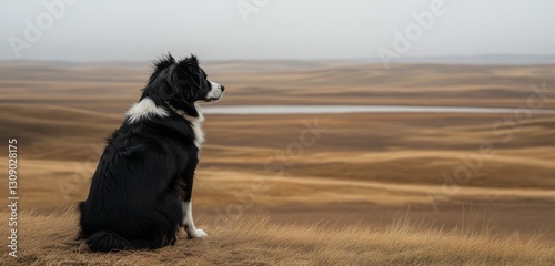 Curious black and white Border Collie sitting attentively in a large field