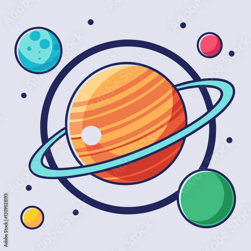 Saturn with rings and surrounding planets vector illustration, A vector illustration of Saturn with rings, surrounded by colorful planets and cosmic elements, set against a light blue background.
