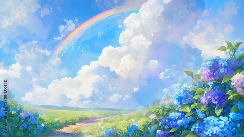虹がかかる初夏の紫陽花畑 水彩タッチの美しい自然イラスト