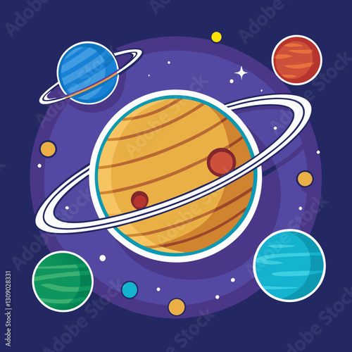 Planet Saturn vector illustration with multiple planets and rings, A vector illustration featuring the planet Saturn with rings, surrounded by colorful planets, stars, and cosmic elements, set against