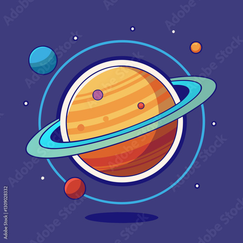 Planet Saturn vector illustration with rings and moons, A vector illustration of the planet Saturn with rings and surrounding moons, set against a dark purple cosmic background.
