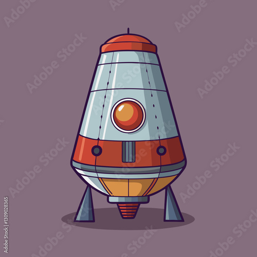 Space capsule vector illustration with landing gear, A vector illustration of a space capsule with red and silver details, featuring landing gear, set against a purple background.

