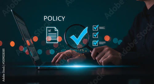 Compliance Audit and Policy Validation concept .Company Association Terms ,regulation rules and Condition ,Practices and policies using checkboxes ,Planning Review monitoring process ,Risk ,Trust .
