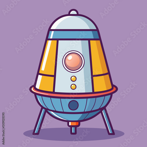 Rocket capsule vector illustration with landing gear, A vector illustration of a rocket capsule with yellow and blue details, featuring landing gear, set against a purple background.
